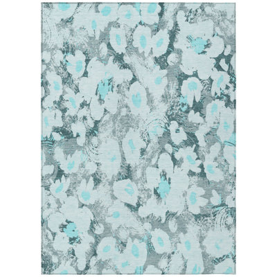 Tapis extérieur lavable antidérapant floral bleu sarcelle 10 pi x 14 pi