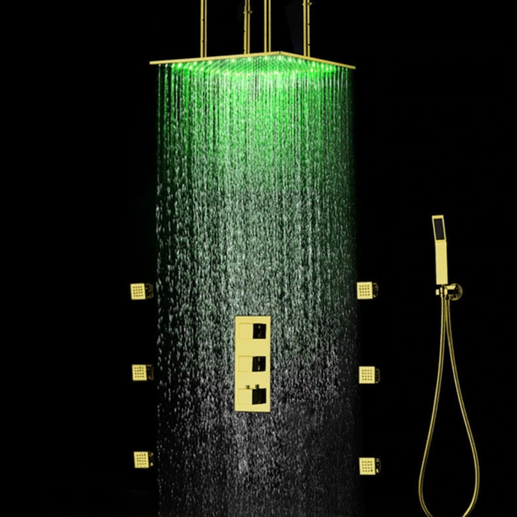 Fontana Gold Finish Square Multi-Color LED Rain Shower System with Ceiling Mount and Body Jets