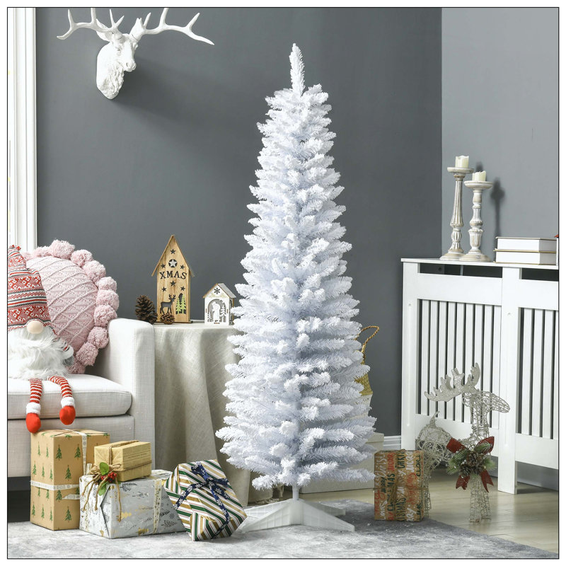 Snow Flocked Artificial Pencil Christmas Tree, Slim Xmas Tree With Realistic Branches And Plastic Base Stand For Indoor Decoration