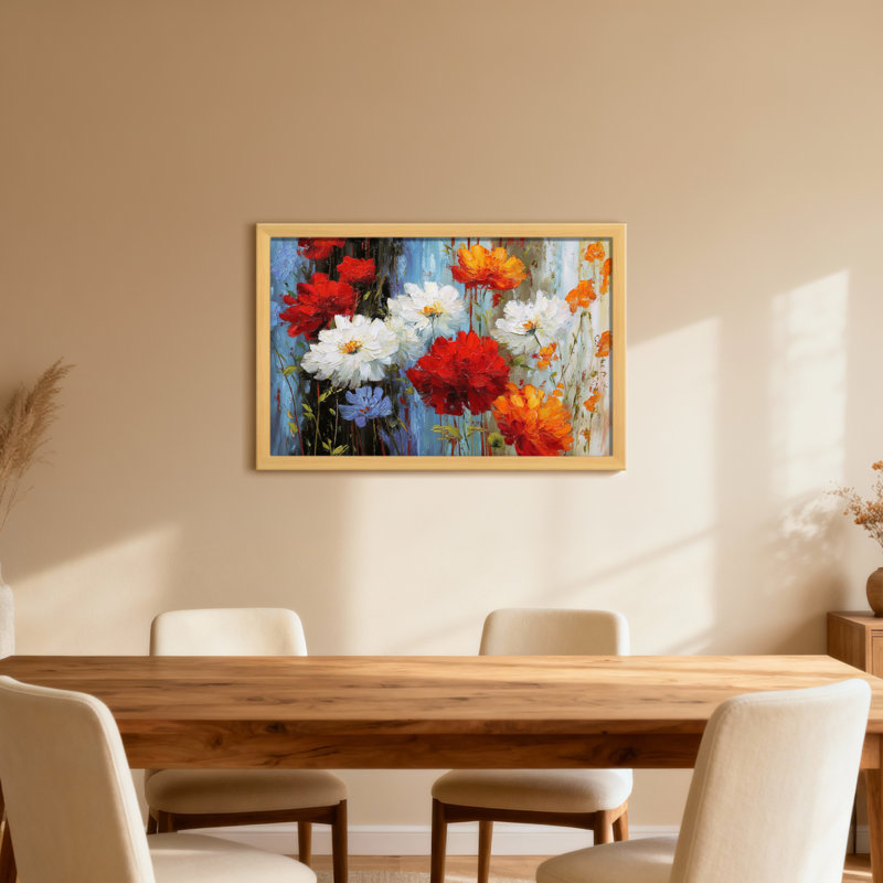 Arrangement floral de plantes et de fleurs avec des fleurs rouges, blanches et oranges, H 20 po x l 30 po, Toile tendue