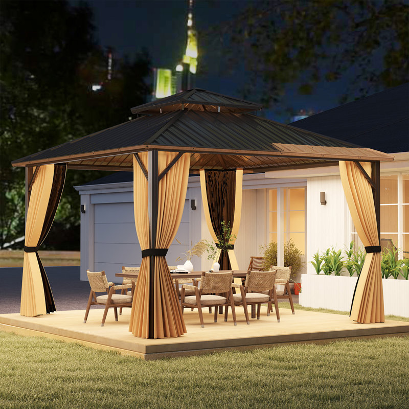 Pavillon de jardin 12 po x 12 pi avec toit en métal galvanisé robuste à double toit, H 117 po x l 144 po x P 144 po