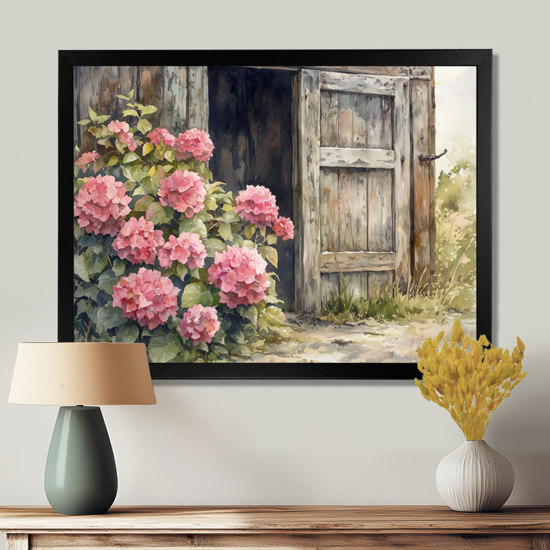 «Donnal Hydrangeas By The Farmhouse Gate I - Hydrangea», art mural, Reproduction encadrée d'une seule photo