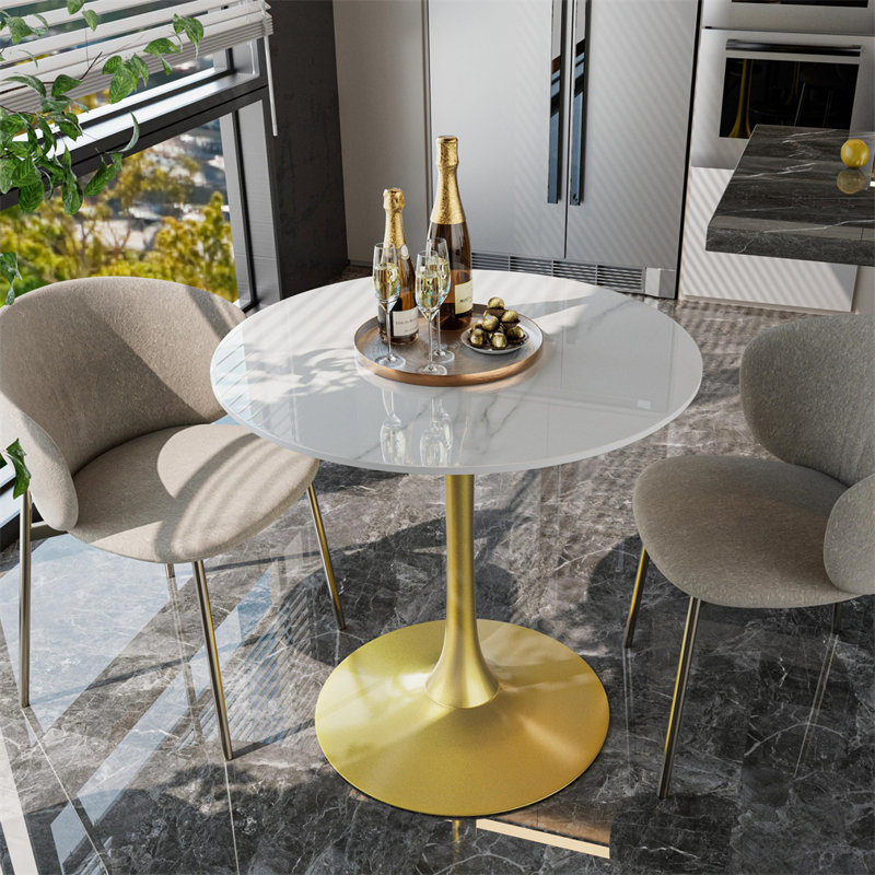 Table bistro de cuisine ronde avec plateau en pierre frittée, Blanc, Doré, H 30,9 po x l 30,9 po x P 33,66 po