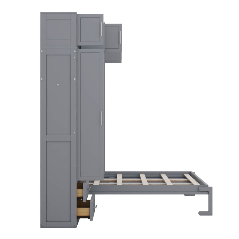 Grand lit escamotable mural avec rangement, lit pliable peu encombrant avec armoire supérieure, tablettes et garde-robe, conception multifonctionnelle