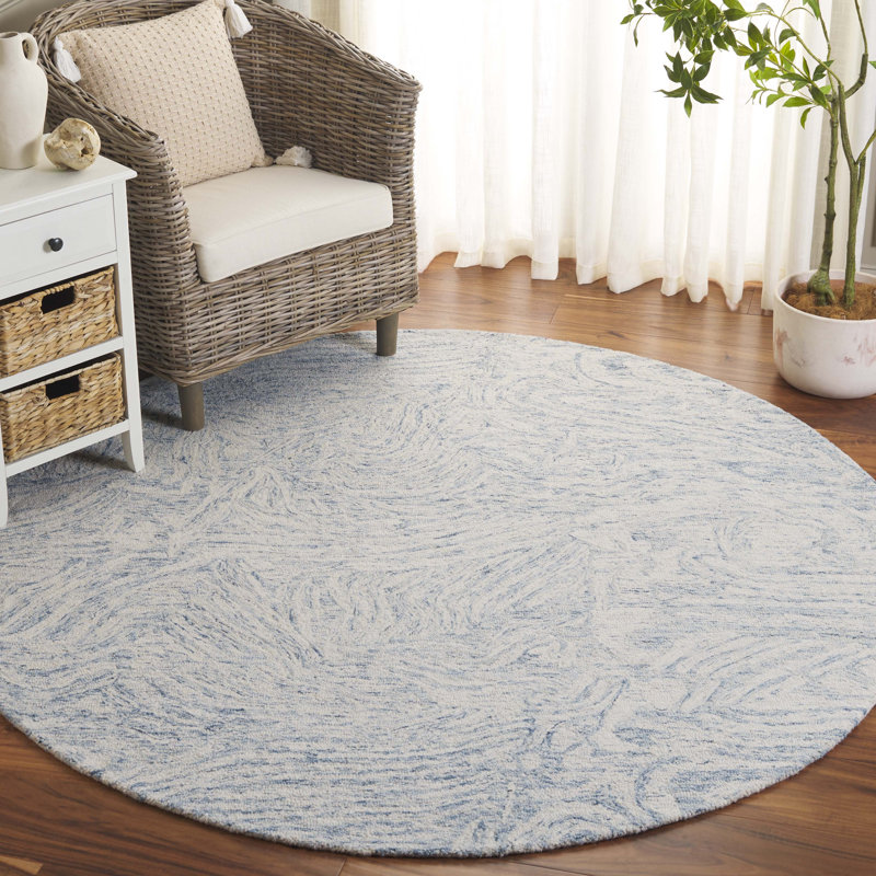 Moumna Ebony Hand Tufted Wool/Cotton Abstract Rug in Ivory/Light Blue, Round 6'