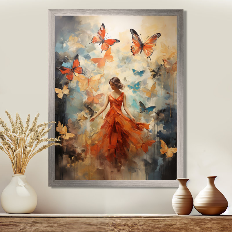 «Butterfly and Woman Dance» - Art mural sur toile, H 20 po x l 12 po x P 1 po, Cadre simple argenté