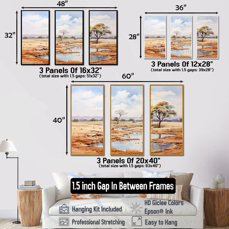 Beige, safari africain, paysage II, art mural Afrique, Cadre flottant blanc, H 40 po x l 61 po x P 1 po
