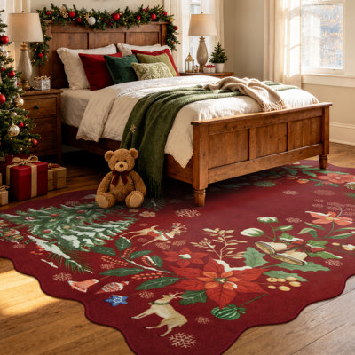 Tapis de Noël à bordure festonnée à motif floral festonné et antidérapant