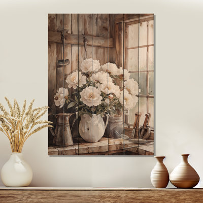 Ferme pivoines dans la remise laitière I - Art mural en bois pivoines - sur bois de pin naturel