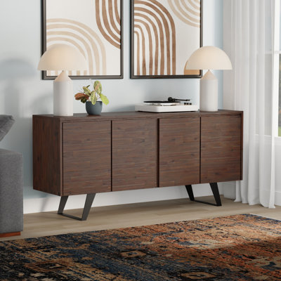 Lowry 66"W Solid Acacia Modern Industrial 4-Door Sideboard Buffet with Angled Metal Legs