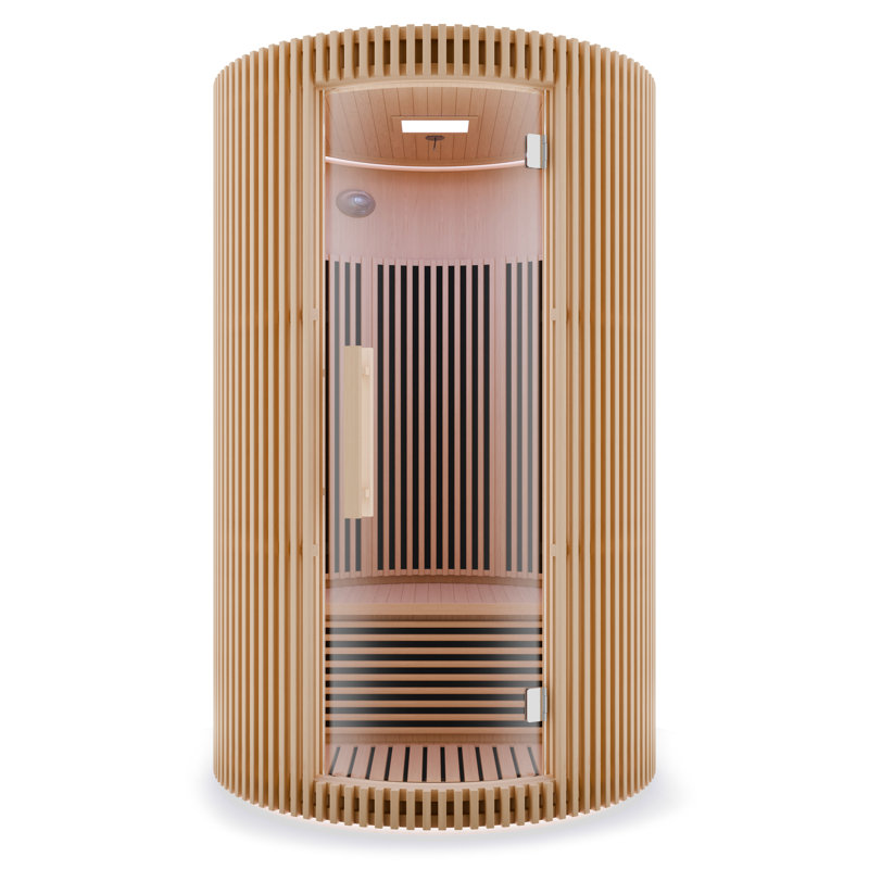 1-2-Person Round Infrared Sauna With Canadian Hemlock Wood, Infrared Heating Panels, Red Light Heater, And Glass Door, Brown