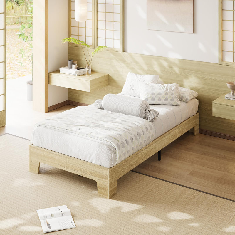 Twin Natural Wood Platform Bed Frame with Strong Slats, Minimalist Design, No Box Spring Needed, Gold, Twin