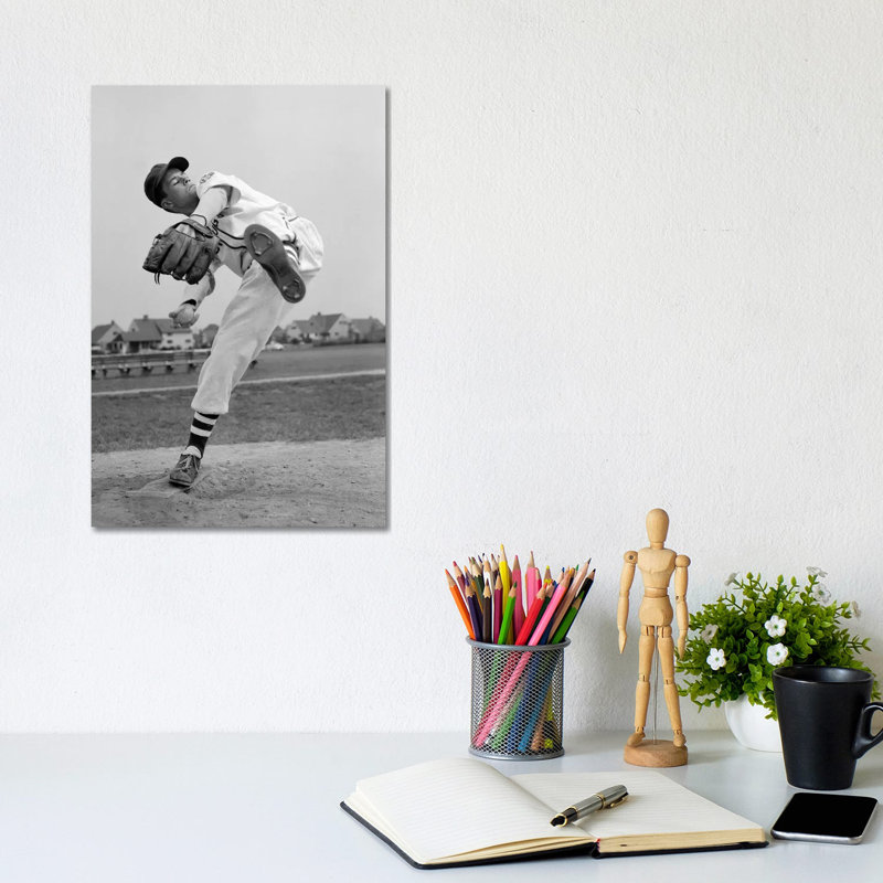1950s Teen In Baseball Uniform Winding Up For Pitch by Vintage Images - Wrapped Canvas Print, 20.32 cm H x 30.48 cm W