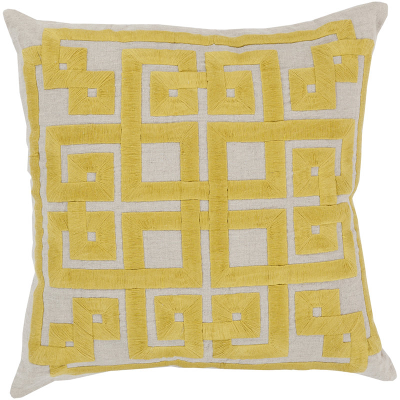 Oatmeal and Quince Yellow Embroidered Linen Square Throw Pillow