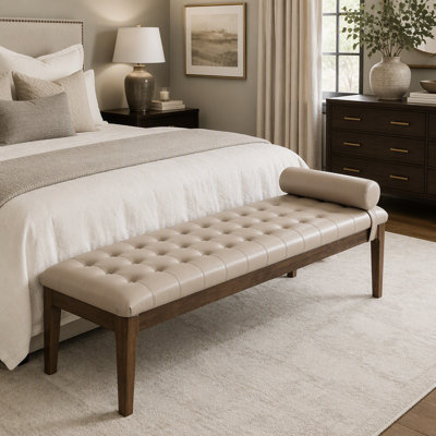 66 Inch Faux Leather Upholstered Bed Bench with Button Tufted Headrest