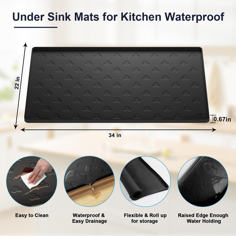 Tapis sous l'évier, plateau imperméable pour armoires de cuisine, doublure flexible sous l'évier en silicone 34 po x 22 po