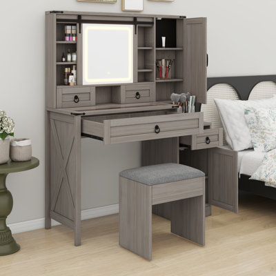Makeup Vanity Desk with Sliding Mirror & Lights, Farmhouse Glass Top Vanity with Charging Station, 4 Drawers 2 Cabinets Dressing Table Set with Stool