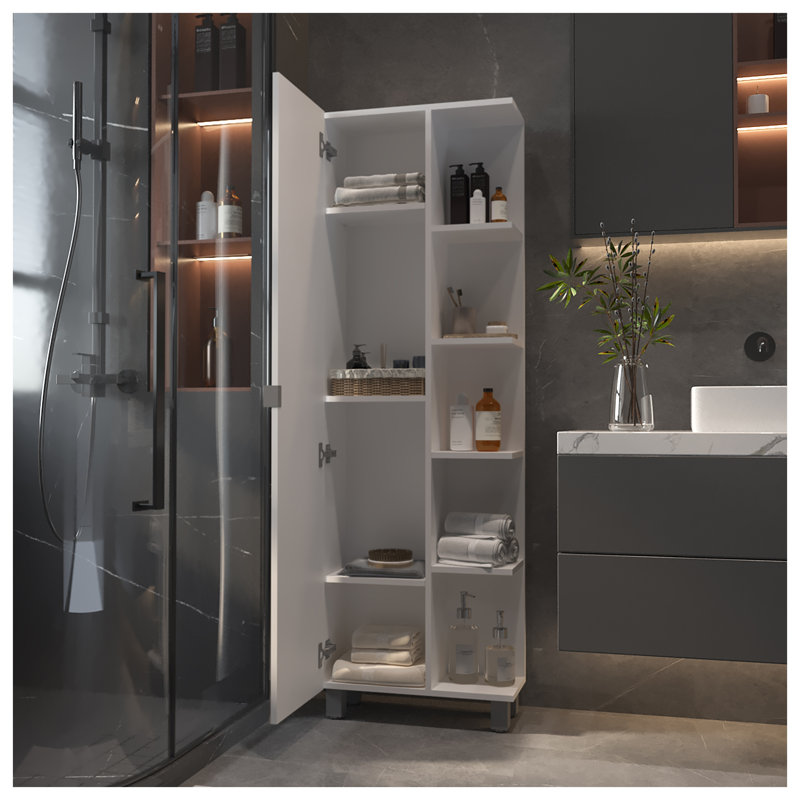 Armoire à linge Los Angeles avec porte miroir et cinq tablettes, rangement autoportant en bois d'ingénierie blanc