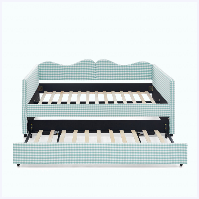 Lit de jour double en vichy avec gigogne gigogne et poche de rangement, structure en bois massif, cyan, Full / Double, Cyan