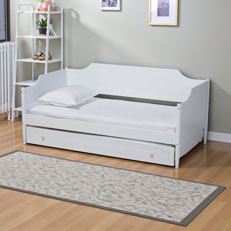 Lit de jour avec couchette en bois massif, Blanc, Lit simple