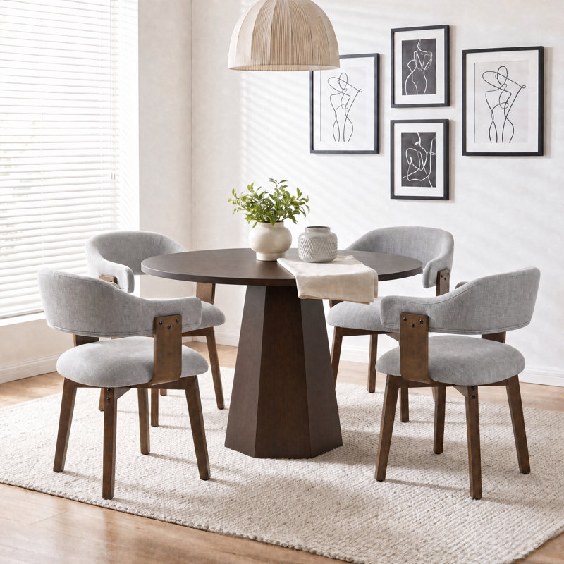 Modern 5-Piece Round Brown Dining Set With Upholstered Chairs With Backrest And Armrests, Fit For 4 People, Brown, Linen