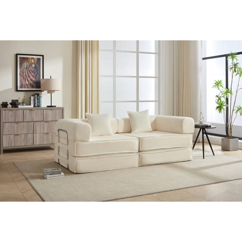 Canapé-lit de 78 po convertible, canapé modulaire en velours côtelé avec 2 coussins, canapé à plancher comprimé compact, idéal pour le salon, la chambre à coucher, un appartement, beige.