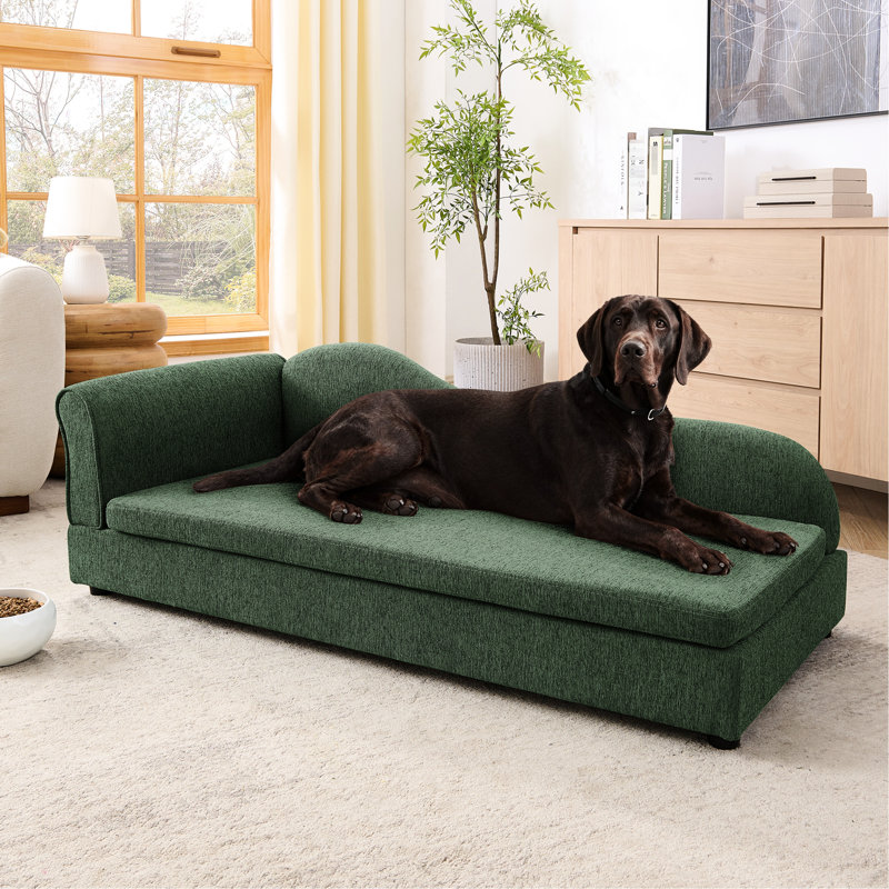 Chien moyen et grand - Vague irrégulière, accoudoir simple, coussin en lin, pieds en plastique bas, olive, tissu attrayant pour chien moderne, doux