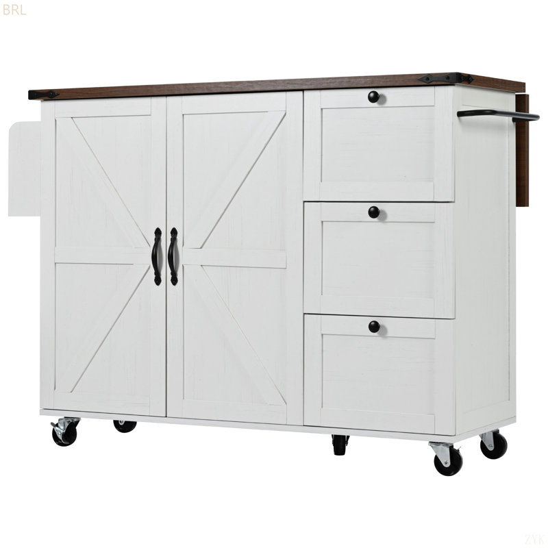 54.5" Farmhouse Kitchen Island With Power Outlet, Kitchen Storage Island  With Internal Storage Rack, Drop Leaf, Spice Rack, Rolling Kitchen Cart On Wheels, For Home, Kitchen And Dining Room