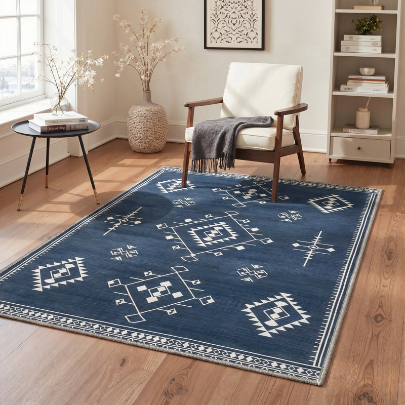 Tapis d'intérieur géométrique bleu / blanc Zephyr, Rectangle 120 " x 96 ", Blue,White
