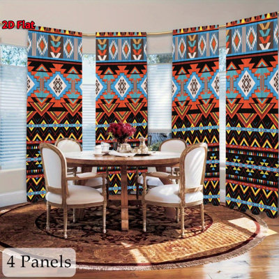 4Pcs Boho Aztec Bohemian Pattern Window Curtains, Retro Geometric Print Semi-Blackout Drapes, Pole Pocket Design for Living Room, Bedroom, Kitchen, Dining, Hotel Decor