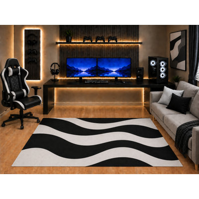 Tapis ultra-léger 152 x 213 cm (5 pi x 7 pi) à rayures horizontales noires et blanches, motif abstrait moderne, idéal pour la chambre, la salle de jeux ou le salon. Dos en silicone antidérapant. Poils courts.