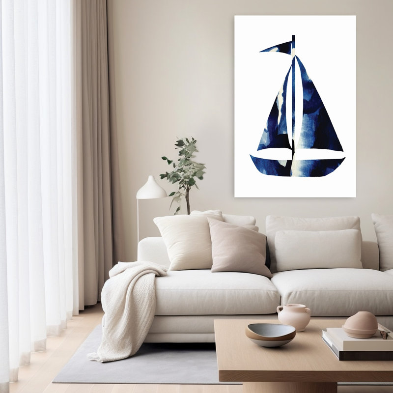 Bleu marine voilier abstrait contemporain, art mural côtier élégant, 60" H x 40" W