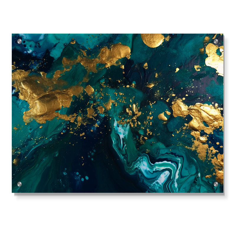 Sarcelle et or liquide Magic II - abstrait, décoration murale acrylique, H 12 po x l 20 po