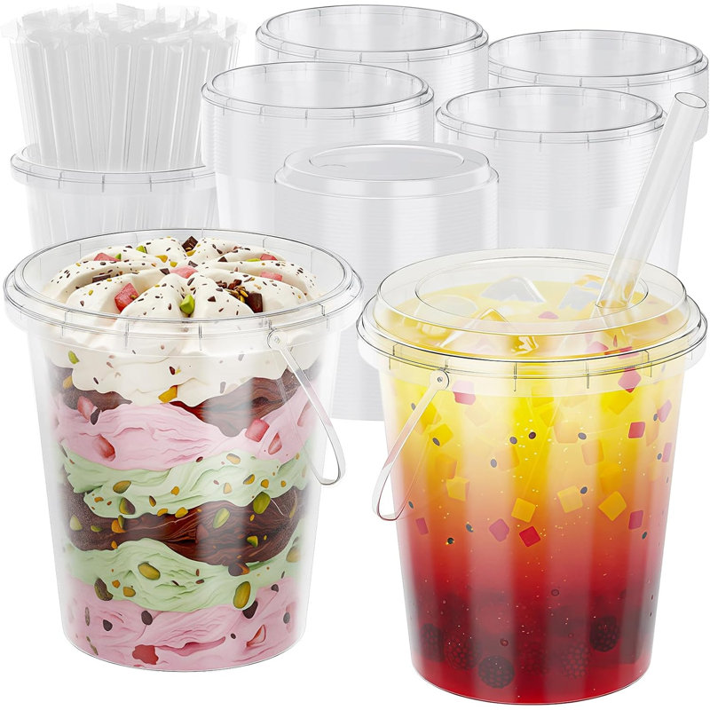 60 ensembles de seaux en plastique transparent de 32 oz avec couvercles et pailles