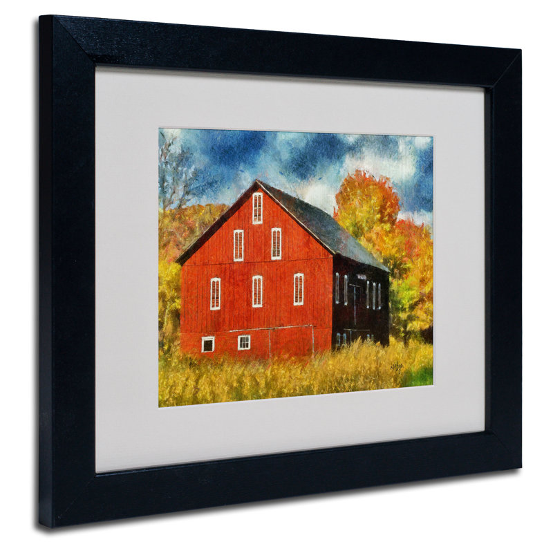 Red Barn in Autumn Black Framed Canvas Art, 20" x 17"