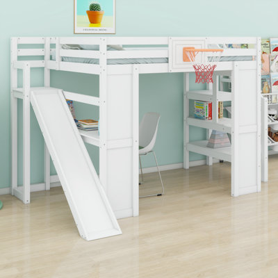 Wooden Loft Bed with Built-in Desk, Slide, Basketball Hoop & Storage Staircase