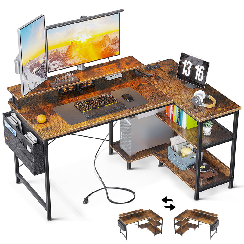 Selman L-Shaped Metal Base Writing Desk, Brown