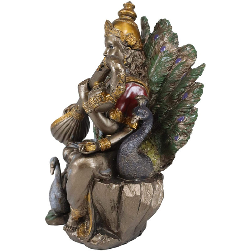 Figurine Ebros déesse indoue Saraswati jouant le Veena avec un cygne assis sur un trône de paon, un lotus, l'hindouisme, une divinité, un autel, une sculpture, un autel, des Lumières de l'Est