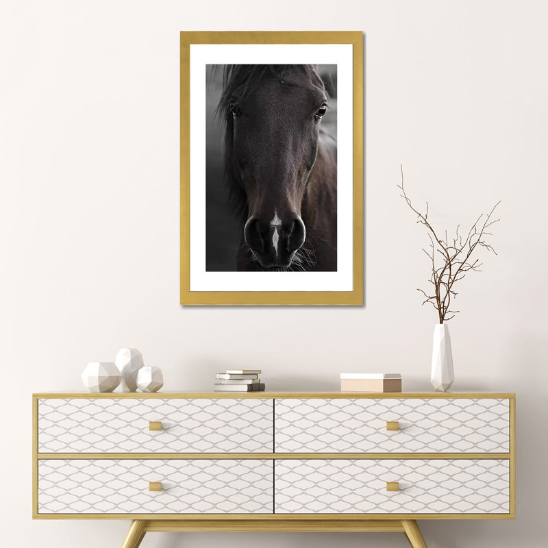 Imprimé cheval foncé par Monika Strigel, Papier encadré doré, Blanc, H 24 po x l 16 po x P 1 po