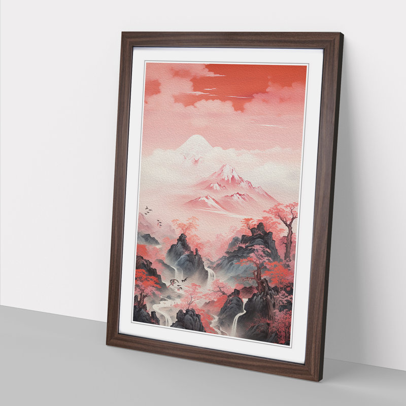 Japanese Mountains Contemporary No.2 - Single Picture Frame Print on Wood, Walnut , 46cm H x 34cm W x 2cm D
