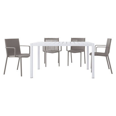 Summer 5-Piece Outdoor Patio Dining Set - Modern White Rectangular Table with 4 Stackable Warm Grey Armchairs for Garden, Deck & Poolside