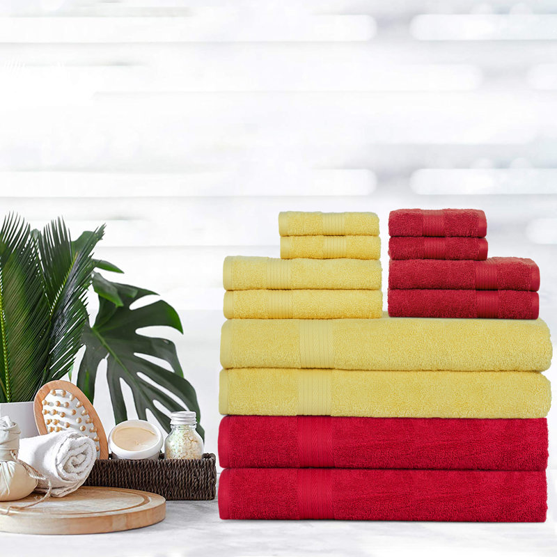 100% Cotton Bathroom Towel Set of 12 Absorbent Soft Plush Fast Drying, Red/Yellow