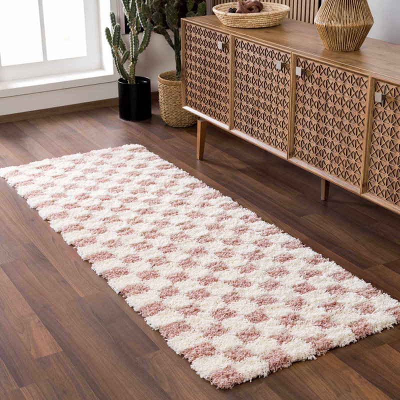 Atiran Checkered Shag Pink Area Rug, Rectangle 6'7" x 9'6"