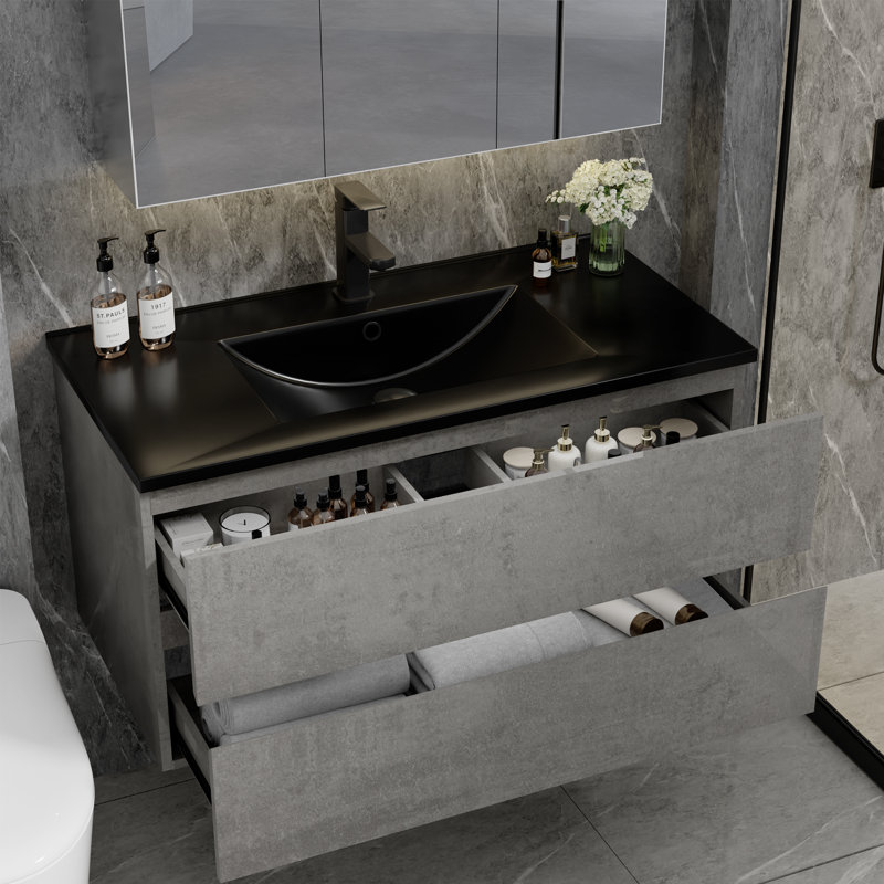 36" Wall Mounted Bathroom Vanity Set With Sink Top, Faucet, Gray Floating Cabinet, Epa Certified, 36"