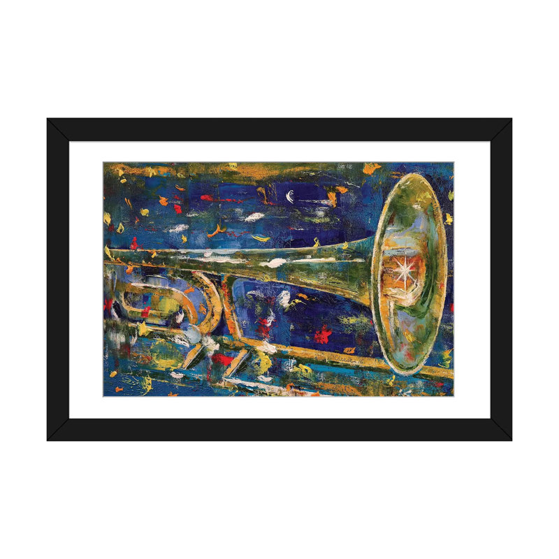 «Trombone», reproduction d'art sur toile, H 24 po x l 32 po x P 1 po, Papier d'art encadré noir, Blanc
