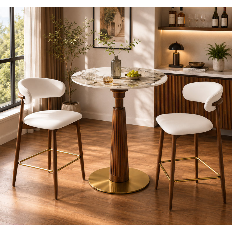 Table de bar ronde de 85 cm de hauteur (33,5 po) avec plateau en pierre frittée, disponible en plusieurs couleurs, pied central en bois d'hévéa massif et base en métal doré, style bistro moderne