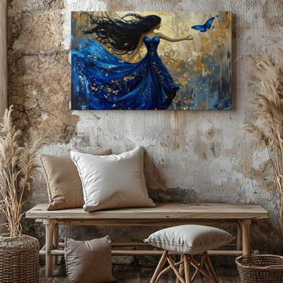Toile, robe de nuit étoilée, femme, fantaisie, art mural doré