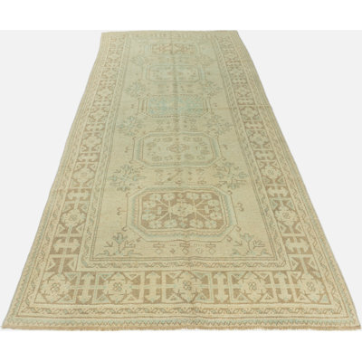 One-of-a-Kind 4'4" X 11'11" 1940s Runner Wool Area Rug Light Beige/Taupe/Light Teal/Ivory