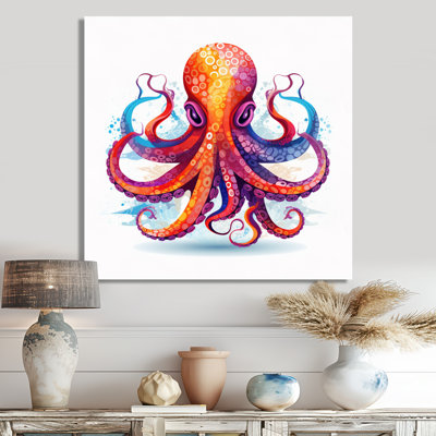 Ravenous Red Octopus Watercolor - Octopus/Squid Animal Wall Art Living Room