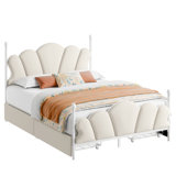 Flower Headboard Upholstered Storage Bed, Platform Bed with 4 Drawers & Adjustable Headboard